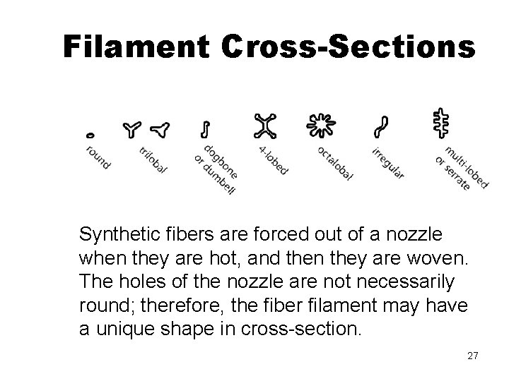 Filament Cross-Sections Synthetic fibers are forced out of a nozzle when they are hot,