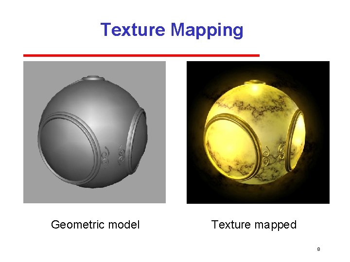 Texture Mapping Geometric model Texture mapped 8 