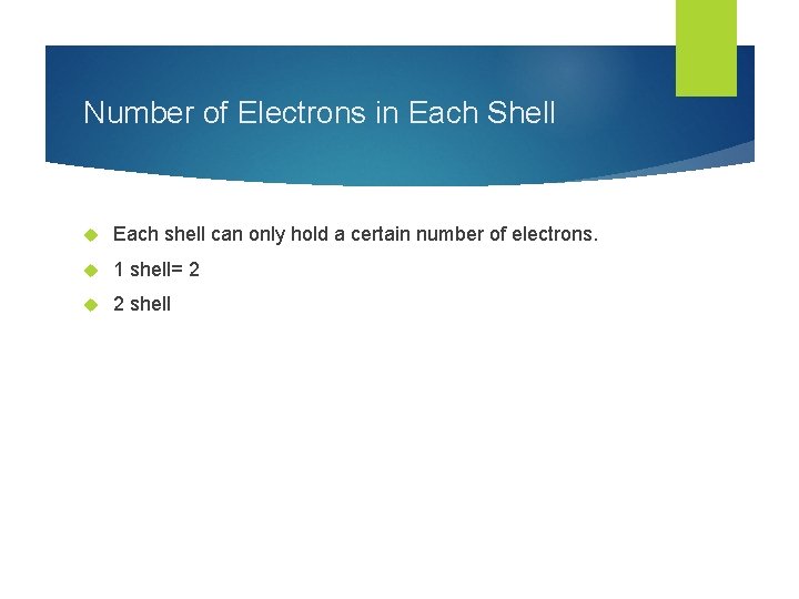 Number of Electrons in Each Shell Each shell can only hold a certain number