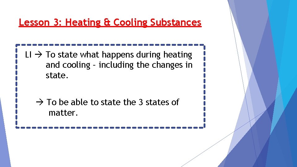 Lesson 3: Heating & Cooling Substances LI To state what happens during heating and
