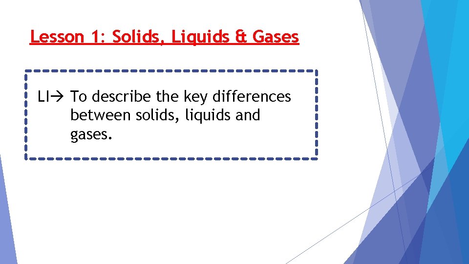 Lesson 1: Solids, Liquids & Gases LI To describe the key differences between solids,