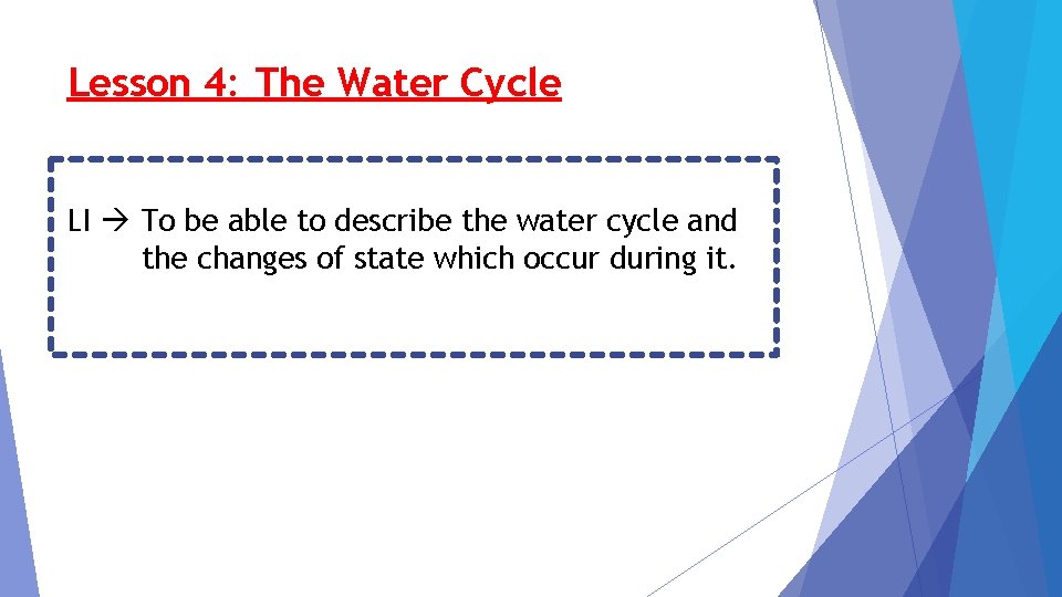 Lesson 4: The Water Cycle LI To be able to describe the water cycle