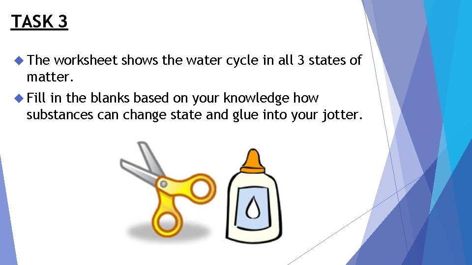 TASK 3 The worksheet shows the water cycle in all 3 states of matter.