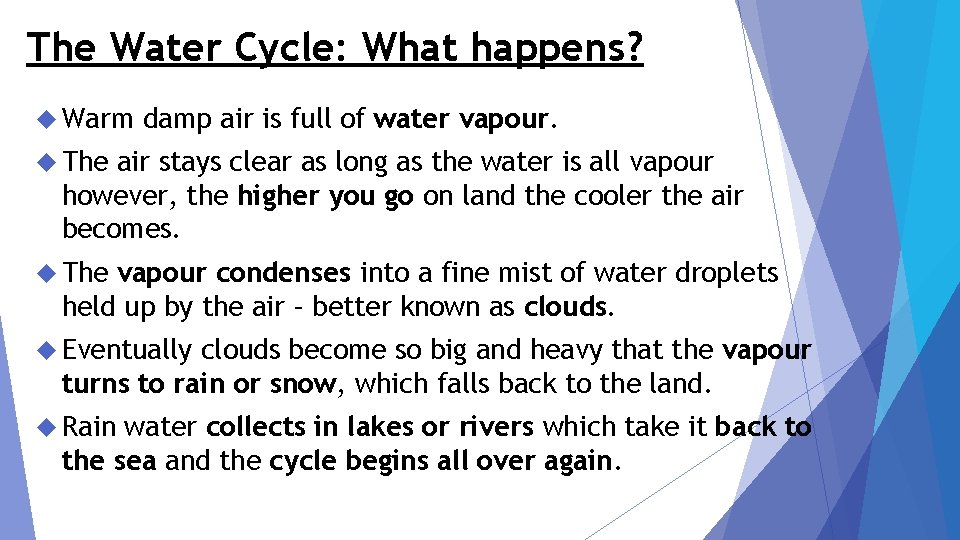 The Water Cycle: What happens? Warm damp air is full of water vapour. The