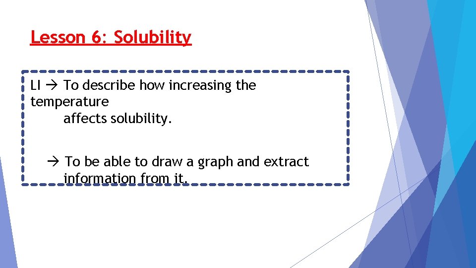 Lesson 6: Solubility LI To describe how increasing the temperature affects solubility. To be