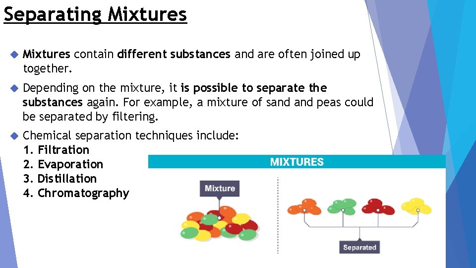 Separating Mixtures contain different substances and are often joined up together. Depending on the