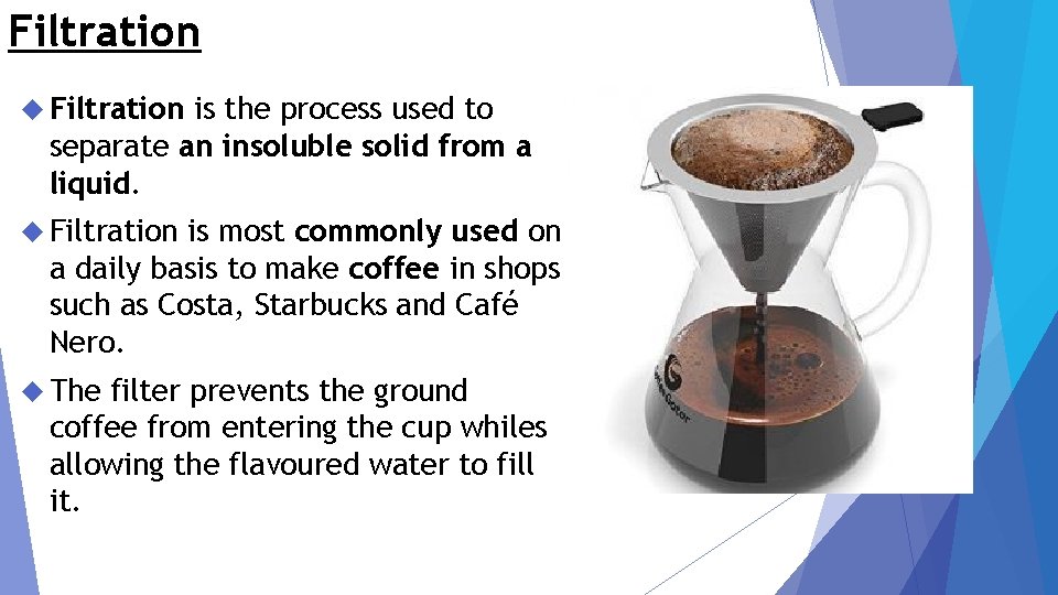Filtration is the process used to separate an insoluble solid from a liquid. Filtration