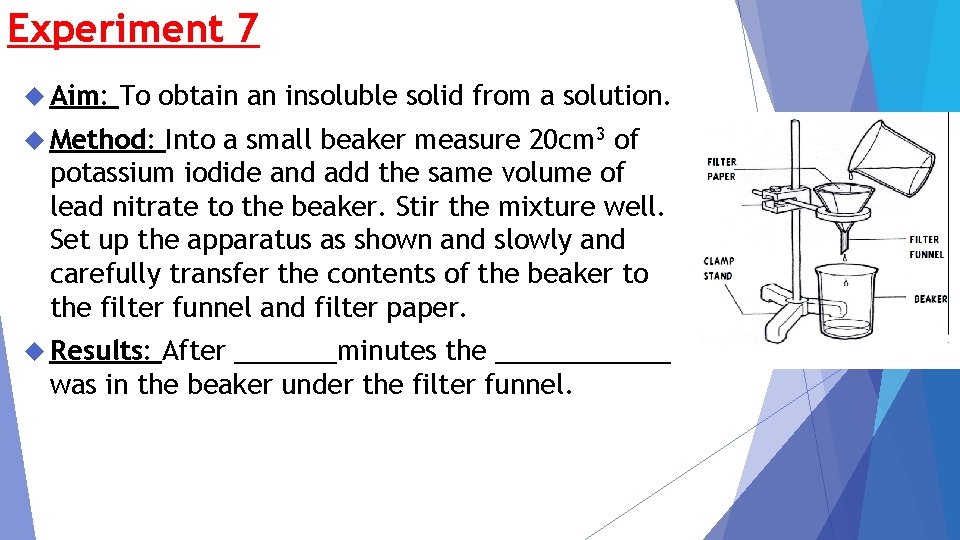 Experiment 7 Aim: To obtain an insoluble solid from a solution. Method: Into a