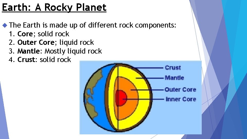 Earth: A Rocky Planet The 1. 2. 3. 4. Earth is made up of