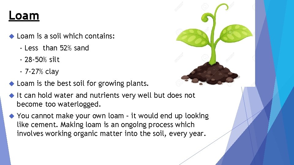 Loam is a soil which contains: - Less than 52% sand - 28 -50%