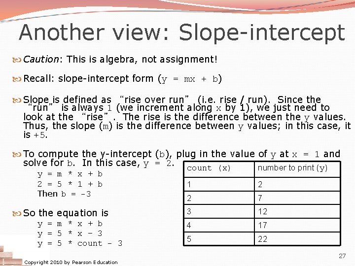 Another view: Slope-intercept Caution: This is algebra, not assignment! Recall: slope-intercept form (y = Another view: Slope-intercept Caution: This is algebra, not assignment! Recall: slope-intercept form (y =