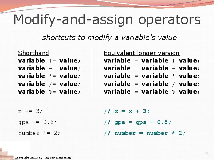 Modify-and-assign operators shortcuts to modify a variable's value Shorthand variable += variable -= variable Modify-and-assign operators shortcuts to modify a variable's value Shorthand variable += variable -= variable