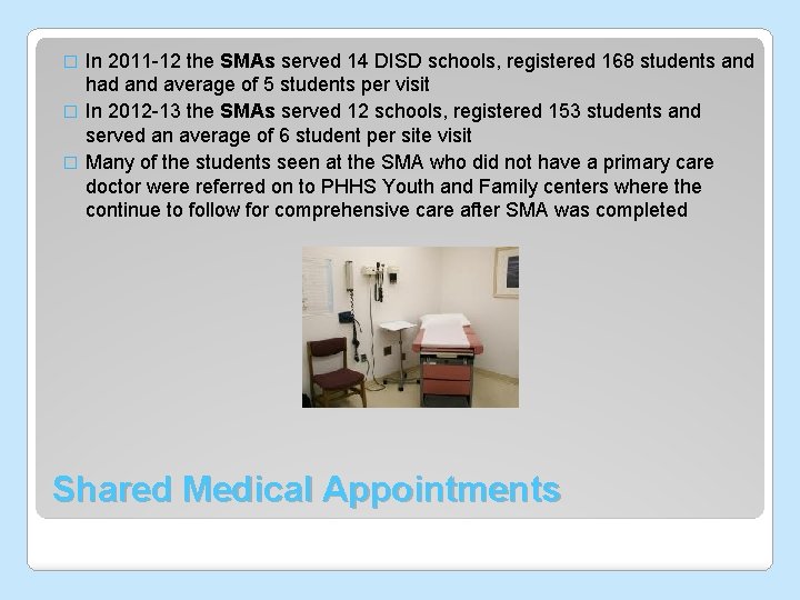 In 2011 -12 the SMAs served 14 DISD schools, registered 168 students and had