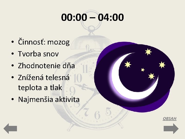 00: 00 – 04: 00 Činnosť: mozog Tvorba snov Zhodnotenie dňa Znížená telesná teplota