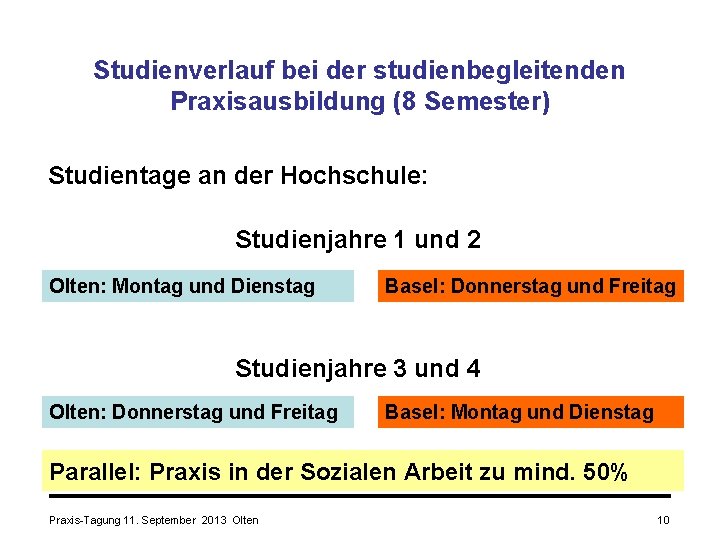 Studienverlauf bei der studienbegleitenden Praxisausbildung (8 Semester) Studientage an der Hochschule: Studienjahre 1 und