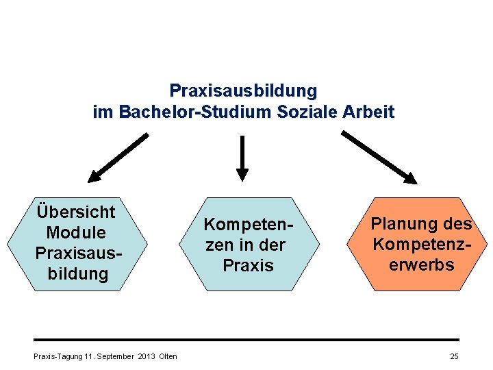 Praxisausbildung im Bachelor-Studium Soziale Arbeit Übersicht Module Praxisausbildung Praxis-Tagung 11. September 2013 Olten Kompetenzen