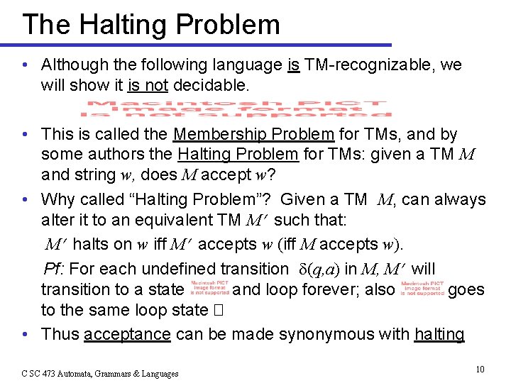 The Halting Problem • Although the following language is TM-recognizable, we will show it