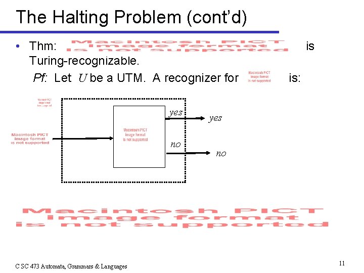 The Halting Problem (cont’d) • Thm: Turing-recognizable. Pf: Let U be a UTM. A