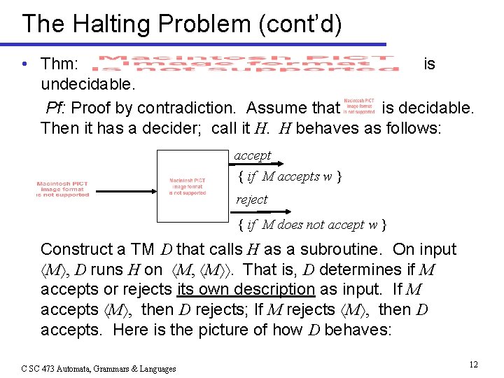 The Halting Problem (cont’d) • Thm: is undecidable. Pf: Proof by contradiction. Assume that