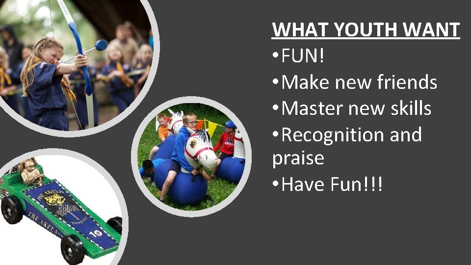 WHAT YOUTH WANT • FUN! • Make new friends • Master new skills •