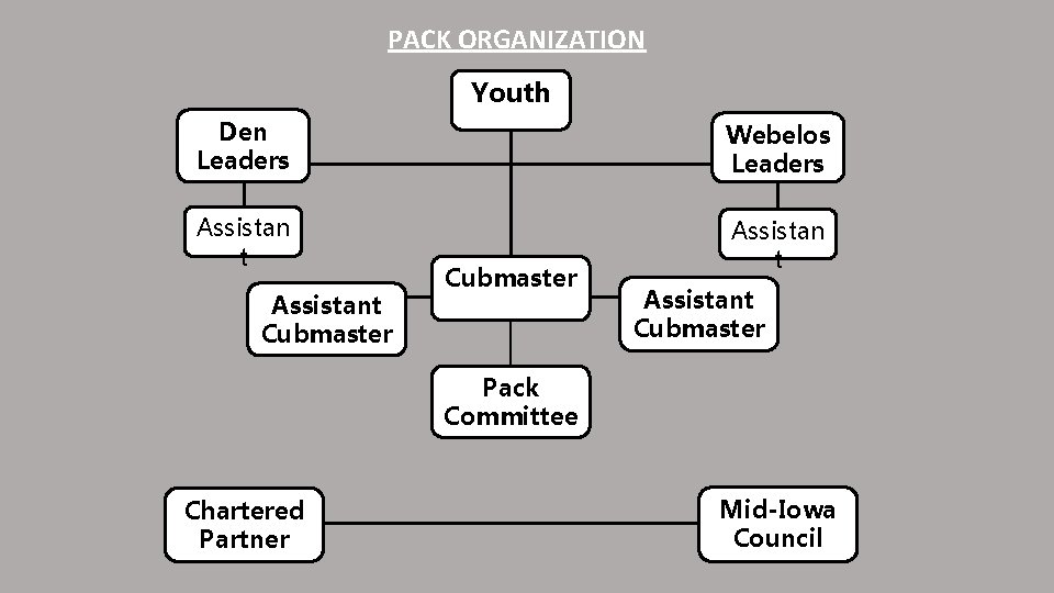 PACK ORGANIZATION Youth Den Leaders Webelos Leaders Assistan t Assistant Cubmaster Pack Committee Chartered