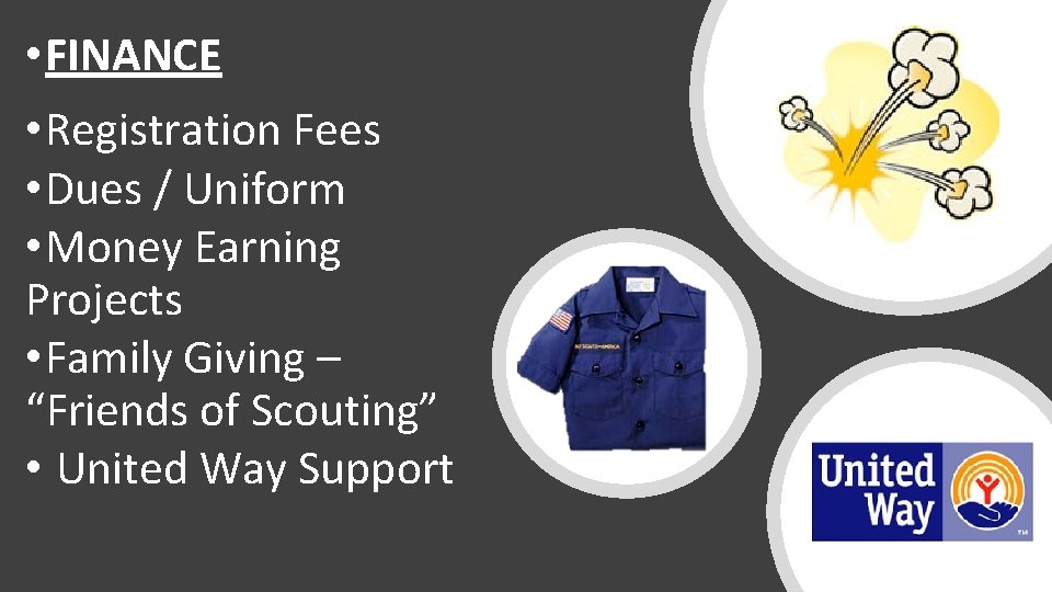  • FINANCE • Registration Fees • Dues / Uniform • Money Earning Projects