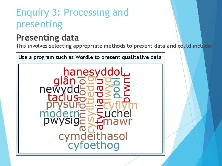 Enquiry 3: Processing and presenting Presenting data This involves selecting appropriate methods to present