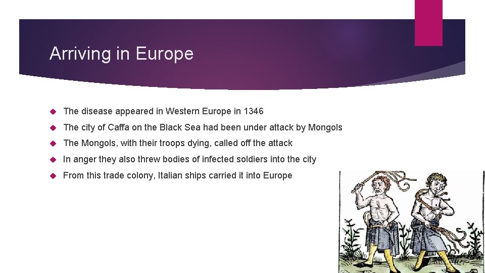 Arriving in Europe The disease appeared in Western Europe in 1346 The city of
