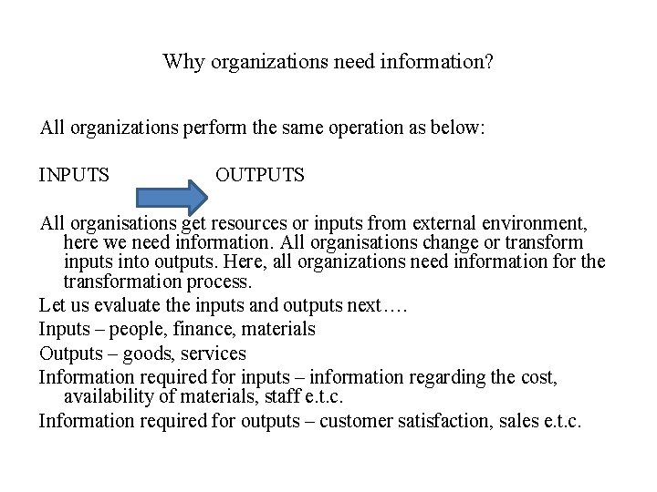 Why organizations need information? All organizations perform the same operation as below: INPUTS OUTPUTS