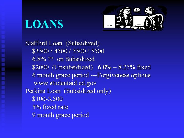 LOANS Stafford Loan (Subsidized) $3500 / 4500 / 5500 6. 8% ? ? on