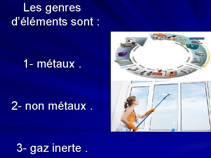 Les genres d’éléments sont : 1 - métaux. 2 - non métaux. 3 -