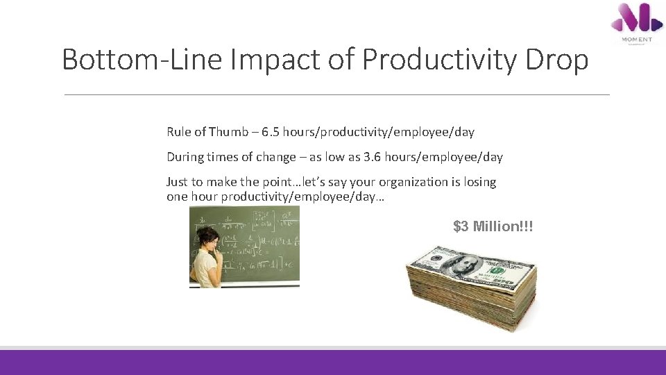 Bottom-Line Impact of Productivity Drop Rule of Thumb – 6. 5 hours/productivity/employee/day During times Bottom-Line Impact of Productivity Drop Rule of Thumb – 6. 5 hours/productivity/employee/day During times