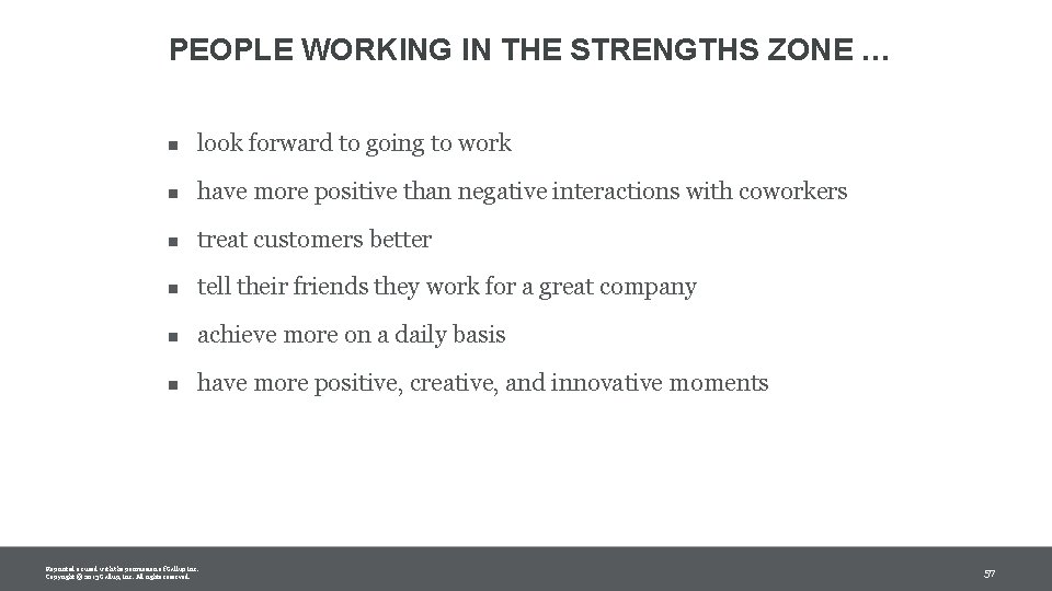 PEOPLE WORKING IN THE STRENGTHS ZONE … n look forward to going to work PEOPLE WORKING IN THE STRENGTHS ZONE … n look forward to going to work