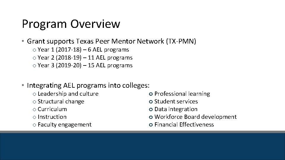 Program Overview • Grant supports Texas Peer Mentor Network (TX-PMN) o Year 1 (2017 Program Overview • Grant supports Texas Peer Mentor Network (TX-PMN) o Year 1 (2017