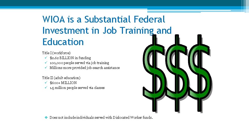 WIOA is a Substantial Federal Investment in Job Training and Education Title I (workforce) WIOA is a Substantial Federal Investment in Job Training and Education Title I (workforce)