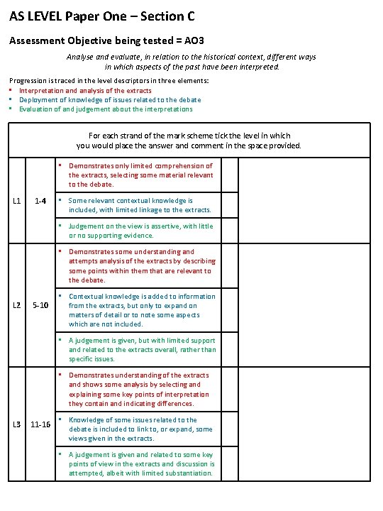 AS LEVEL Paper One – Section C Assessment Objective being tested = AO 3