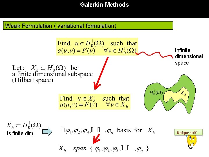 Galerkin Methods Weak Formulation ( variational formulation) Infinite dimensional space Is finite dim Unique