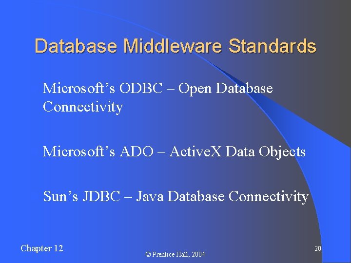 Database Middleware Standards l Microsoft’s ODBC – Open Database Connectivity l Microsoft’s l Sun’s