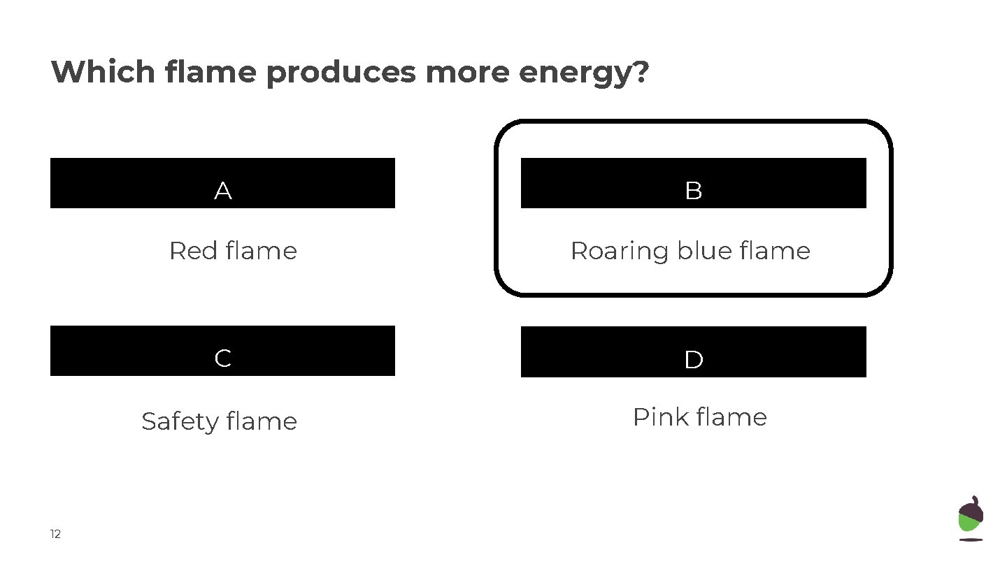 Which flame produces more energy? A Red flame 12 B Roaring blue flame C