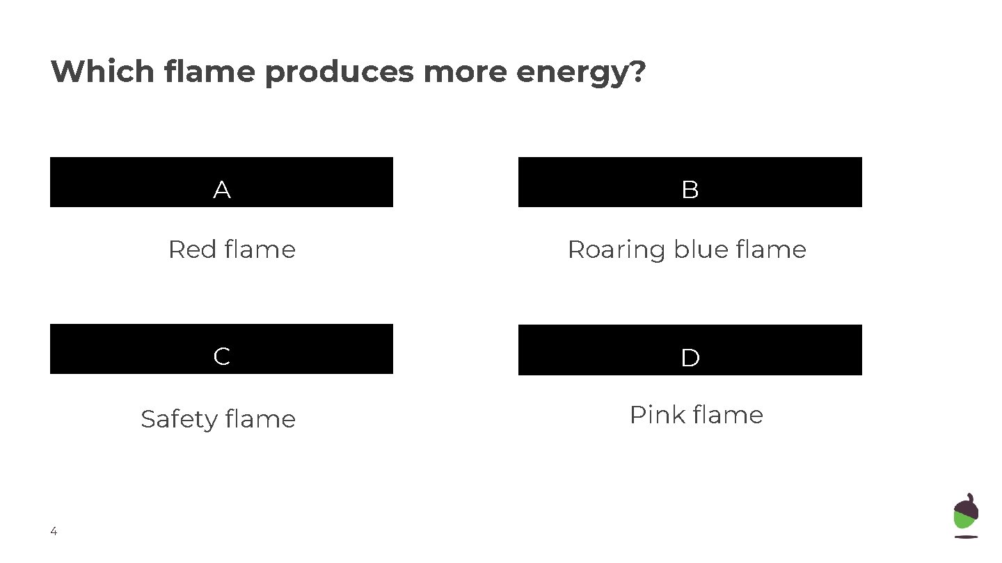 Which flame produces more energy? A Red flame 4 B Roaring blue flame C
