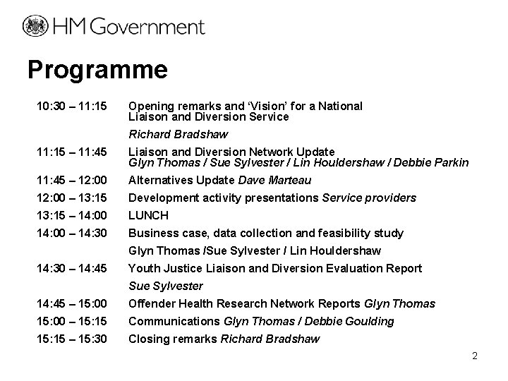 Programme 10: 30 – 11: 15 Opening remarks and ‘Vision’ for a National Liaison