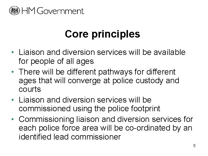 Core principles • Liaison and diversion services will be available for people of all