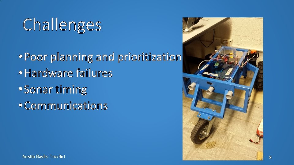 Challenges • Poor planning and prioritization • Hardware failures • Sonar timing • Communications