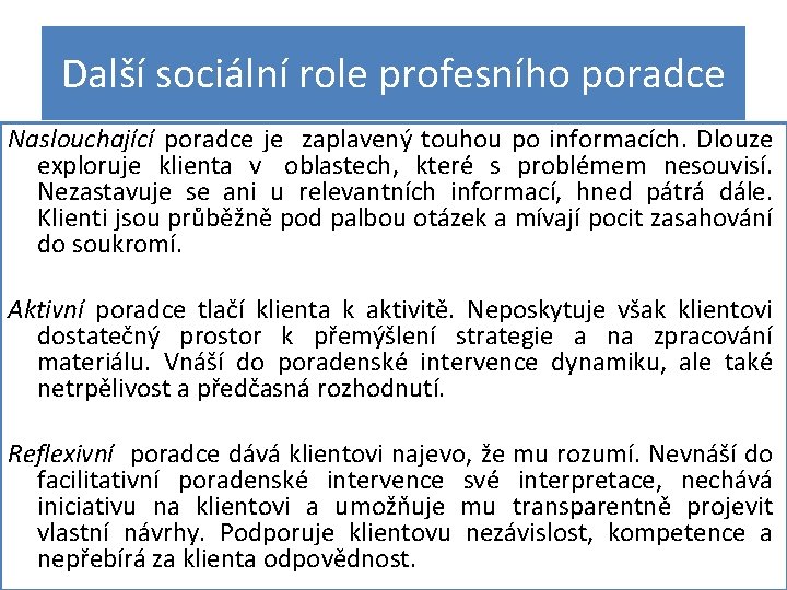 Další sociální role profesního poradce Naslouchající poradce je zaplavený touhou po informacích. Dlouze exploruje