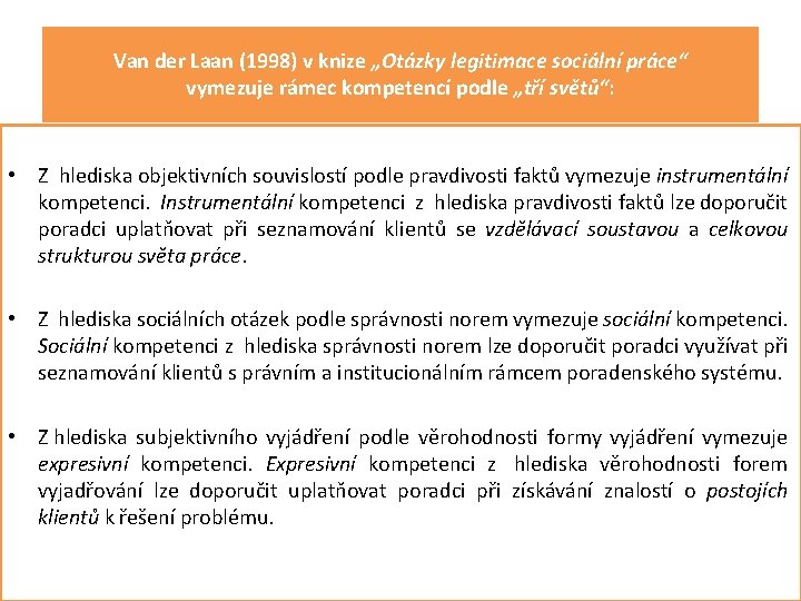 Van der Laan (1998) v knize „Otázky legitimace sociální práce“ vymezuje rámec kompetencí podle