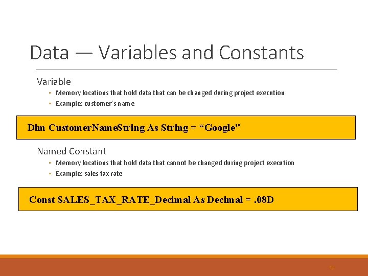 Data — Variables and Constants Variable ◦ Memory locations that hold data that can Data — Variables and Constants Variable ◦ Memory locations that hold data that can