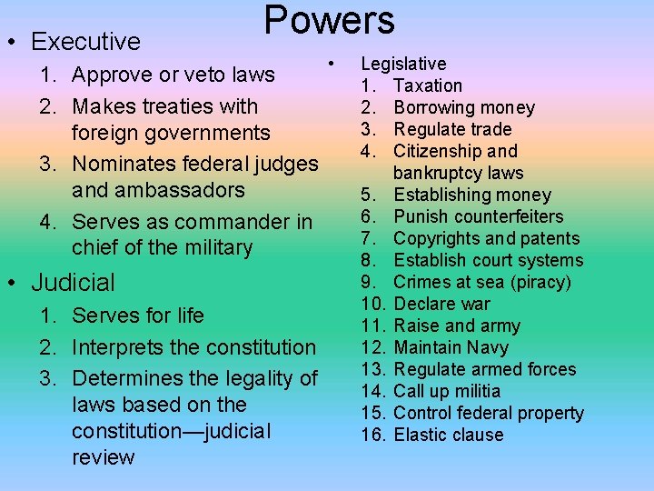  • Executive Powers 1. Approve or veto laws 2. Makes treaties with foreign