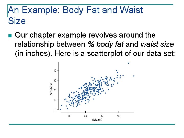 An Example: Body Fat and Waist Size n Our chapter example revolves around the