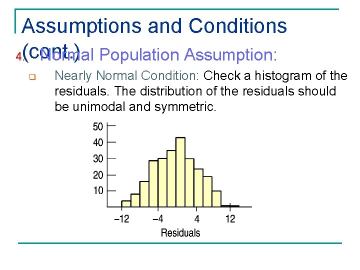 Assumptions and Conditions 4. (cont. ) Normal Population Assumption: q Nearly Normal Condition: Check