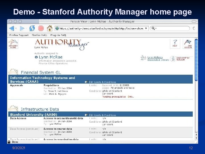Demo - Stanford Authority Manager home page 9/3/2021 12 
